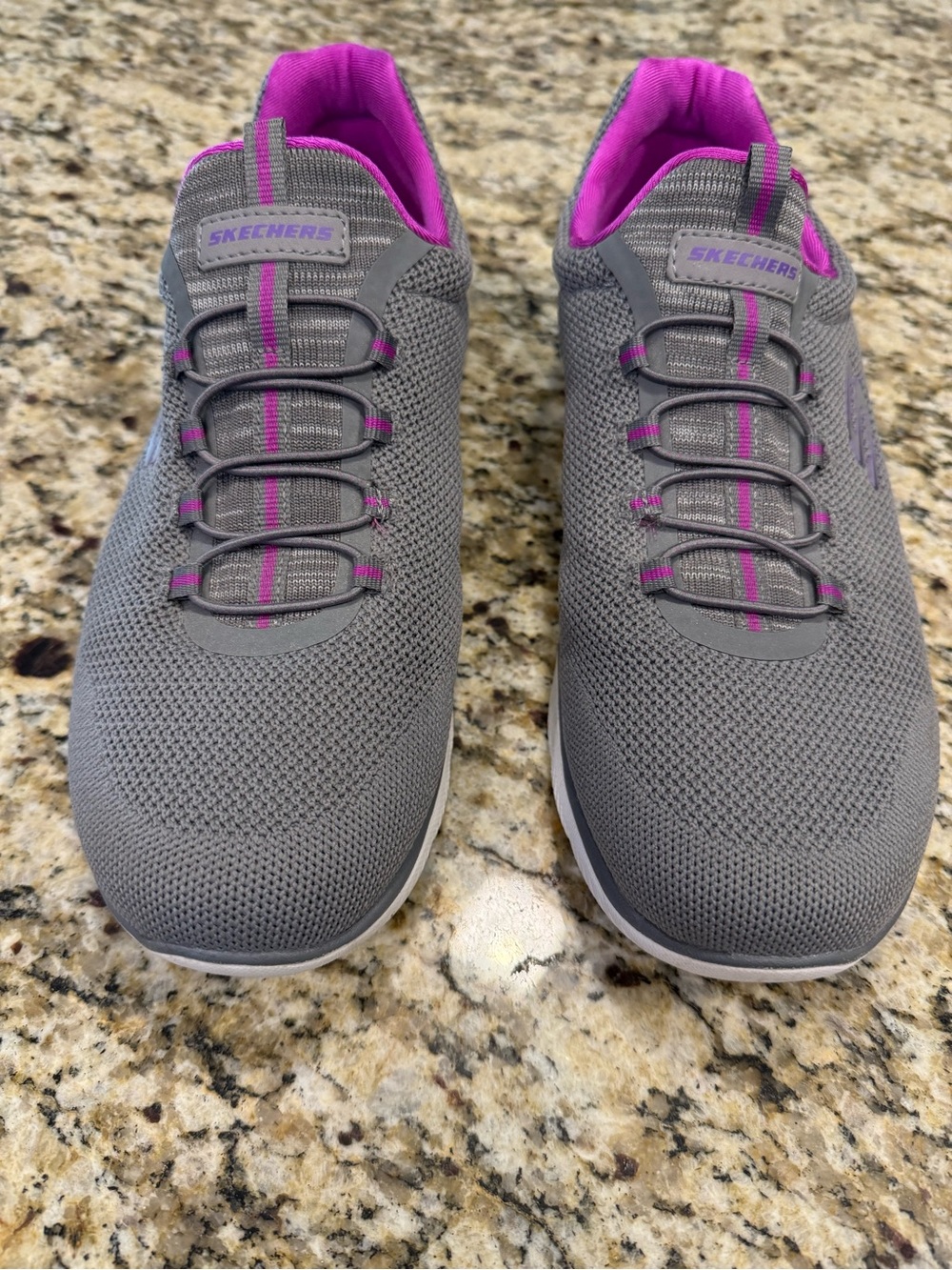Sketchers gray purple slip on lace sneakers tennis shoes runners SZ 11 wide